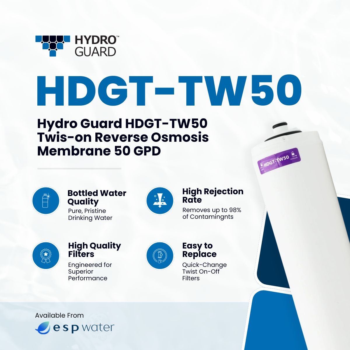 Hydro Guard HDGT - TW50 Twist Reverse Osmosis Membrane 50 GPD HDGT-TW50 - ESP Water