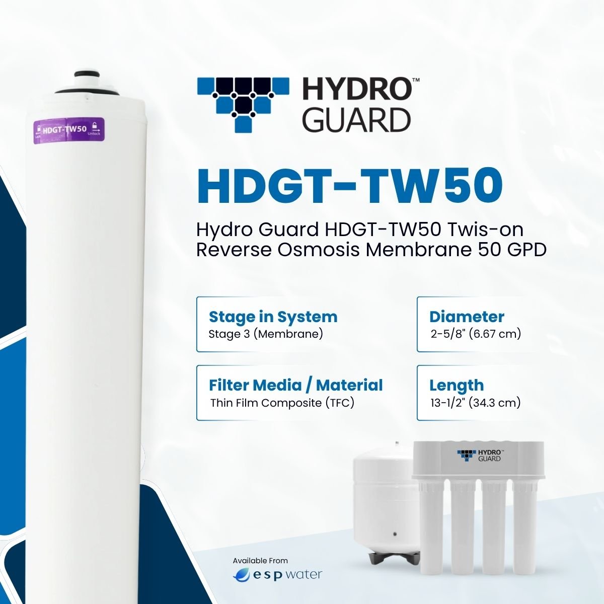 Hydro Guard HDGT - TW50 Twist Reverse Osmosis Membrane 50 GPD HDGT-TW50 - ESP Water