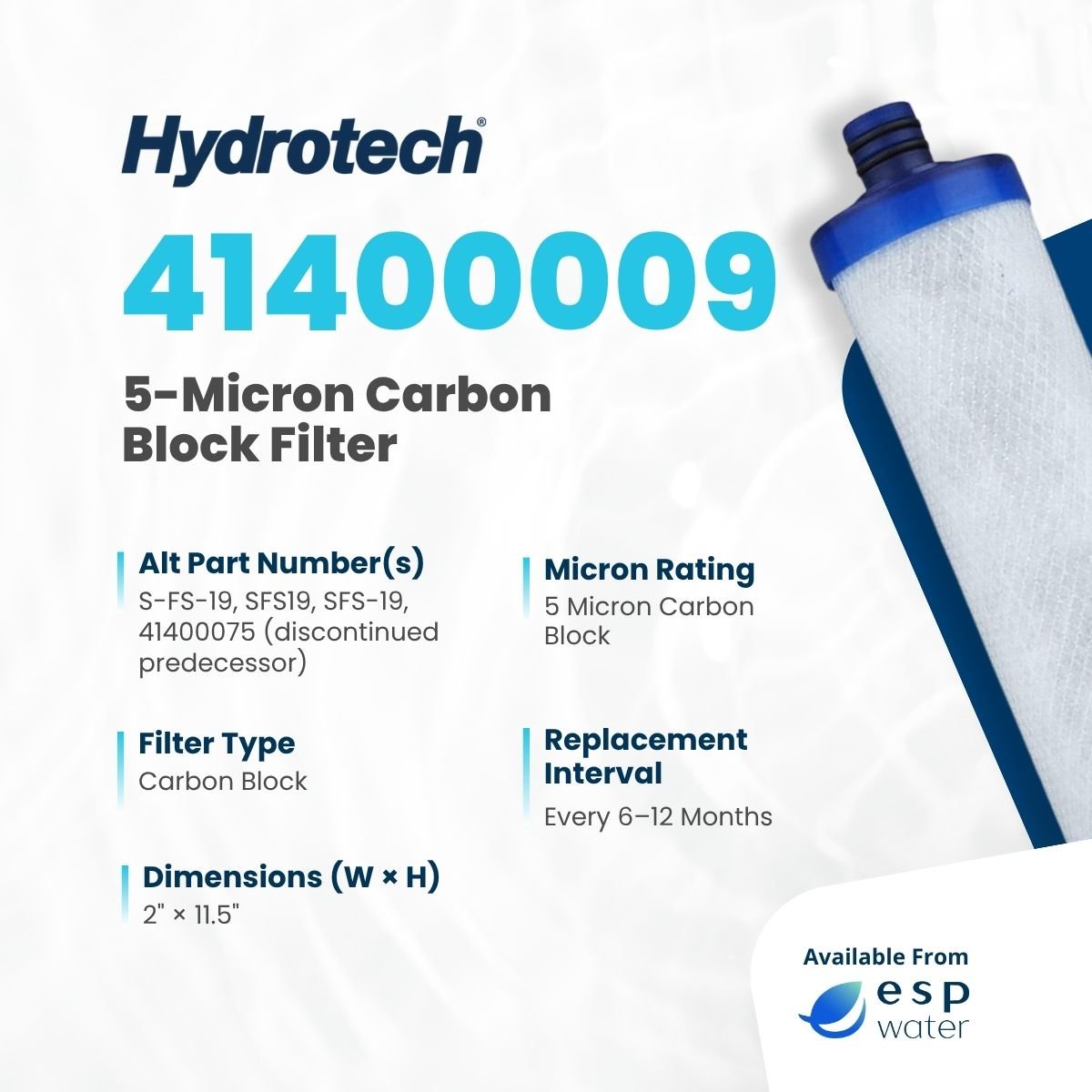 Hydrotech 41400009 Carbon Block Filter 5 Micron 2" x 11.5" 41400009 - ESP Water