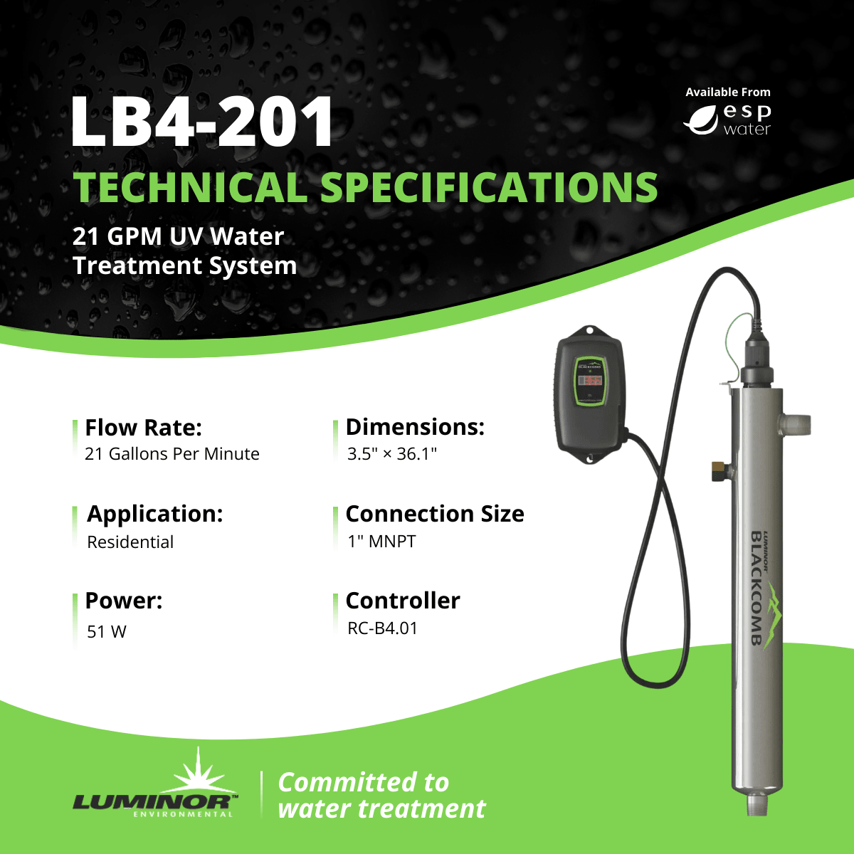 Luminor Blackcomb 4.1 LB4 - 201 UV System 21 GPM 1" MNPT LB4-201 - ESP Water