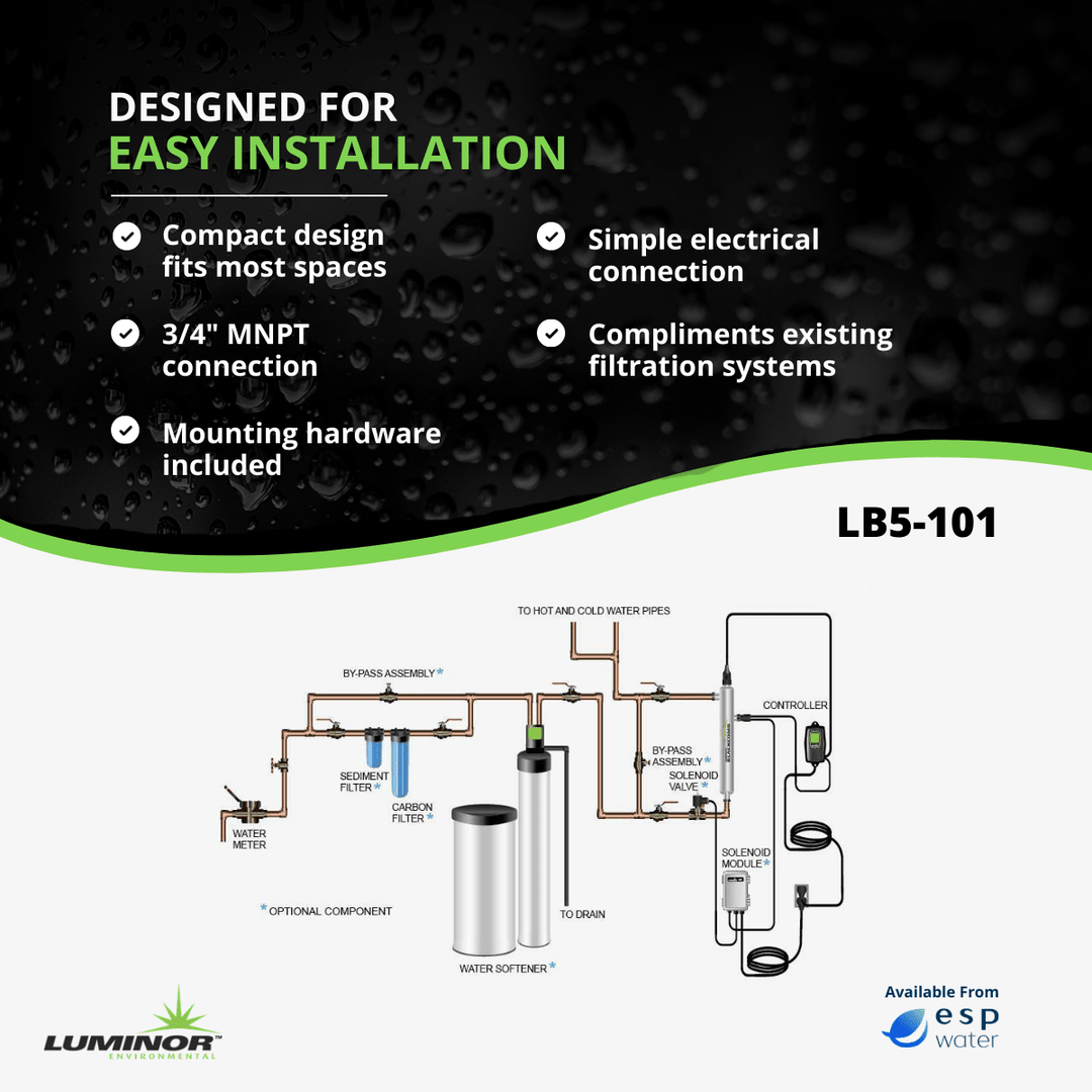 LUMINOR LB5-101 installation diagram for whole-home point-of-entry UV treatment