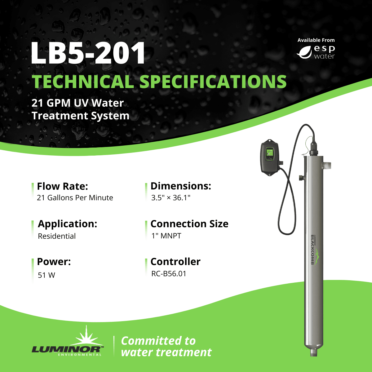 Luminor Blackcomb 5.1 LB5 - 201 Ultraviolet System 21 GPM LB5-201 - ESP Water