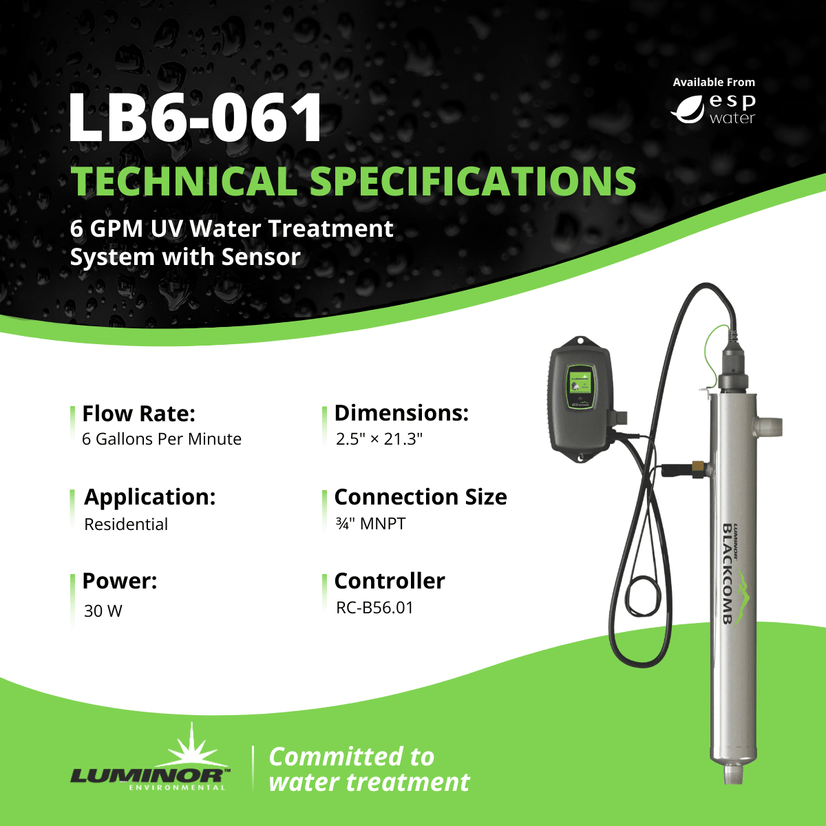 Luminor Blackcomb 6.1 LB6 - 061 UV System with Sensor 6 GPM 3/4" MNPT LB6-061 - ESP Water