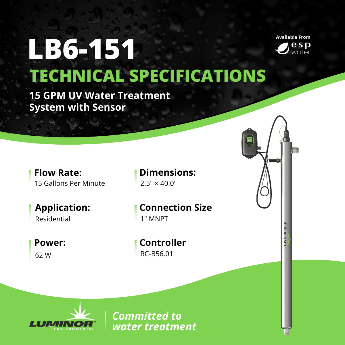 Luminor Blackcomb 6.1 LB6 - 151 UV System with Sensor 15 GPM 1" MNPT LB6-151 - ESP Water