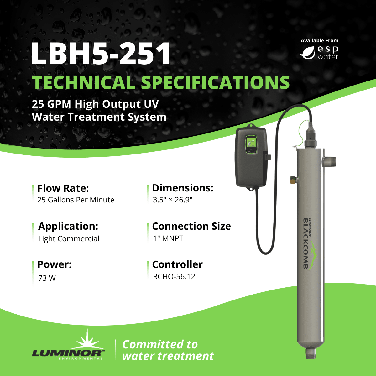 Luminor Blackcomb - HO 5.1 LBH5 - 251 UV System 25 GPM 1" MNPT LBH5-251 - ESP Water