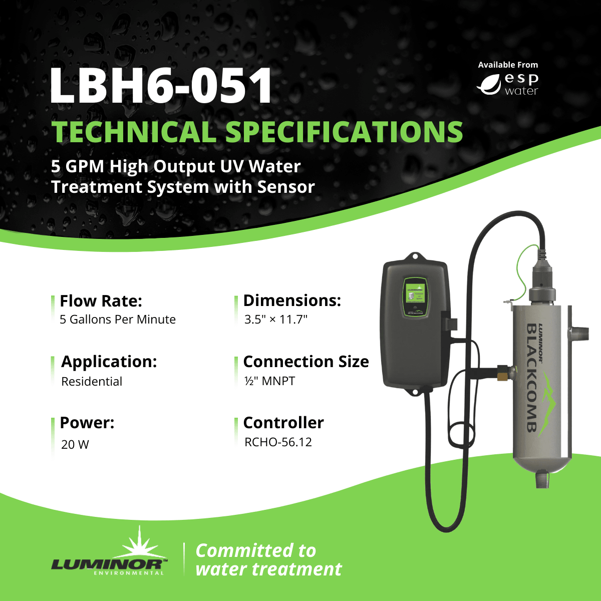 Luminor Blackcomb - HO 6.1 LBH6 - 051 UV System with Sensor 5 GPM 1/2" LBH6-051 - ESP Water