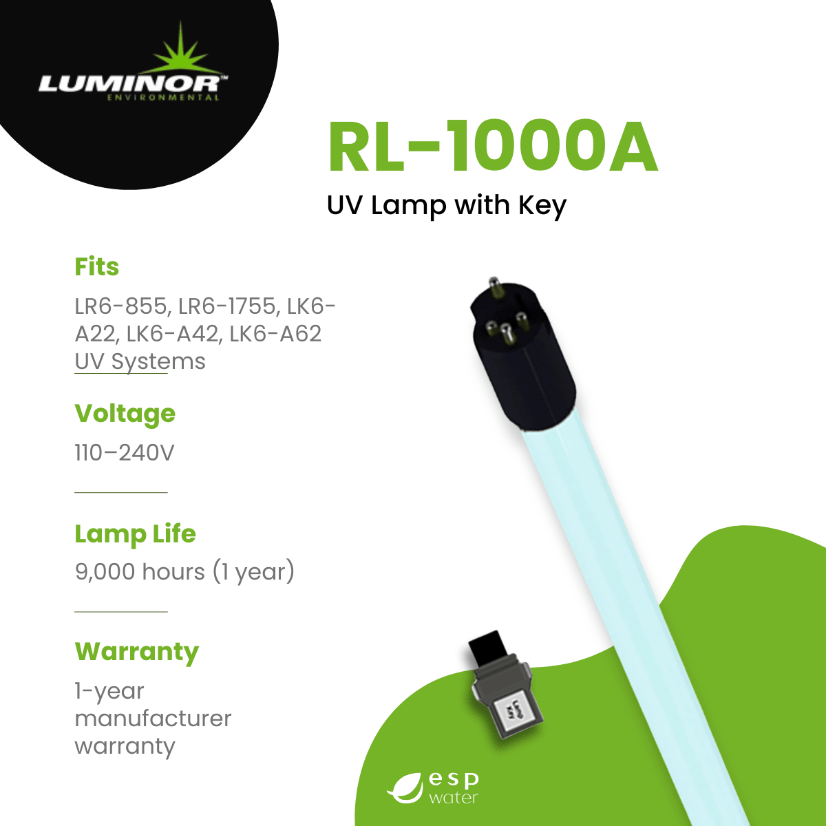Luminor RL - 1000A UV Lamp for LR6 - 855, LR6 - 1755, LK6 - A22, LK6 - A42, LK6 - A62 RL-1000A - ESP Water
