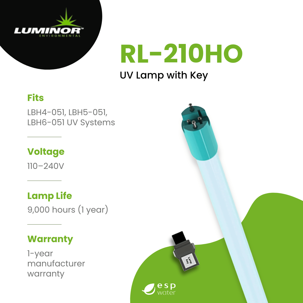 Luminor RL - 210HO Replacement UV Lamp for LBH4 - 051, LBH5 - 051, LBH6 - 051 RL-210HO - ESP Water