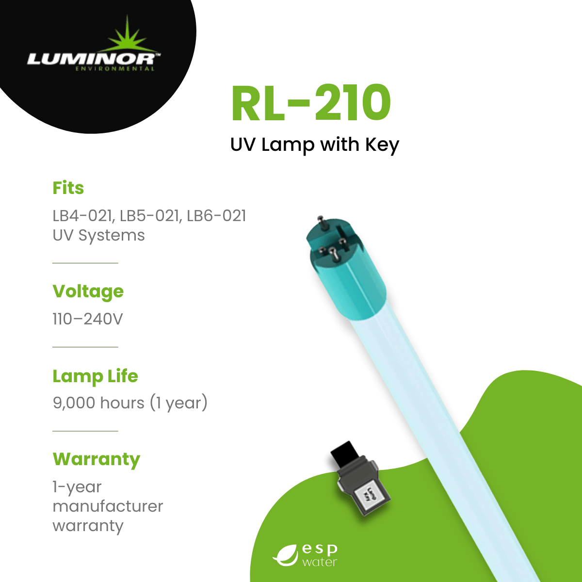 Luminor RL - 210 Replacement UV Lamp for LB4 - 021, LB5 - 021, LB6 - 021 RL-210 - ESP Water