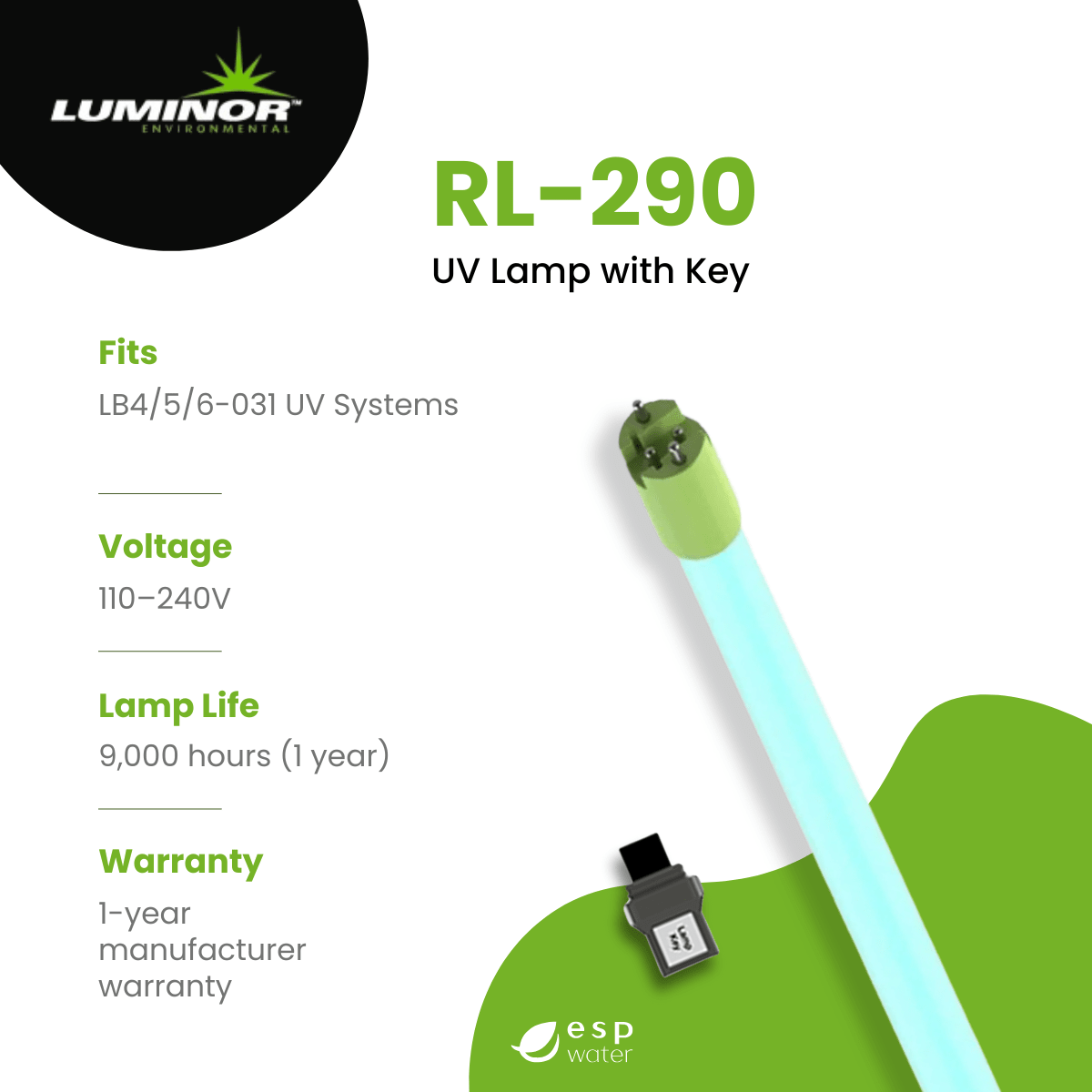 Luminor RL - 290 UV Replacement Lamp with Key for LB4/5/6 - 031 Ultraviolet System RL-290 - ESP Water