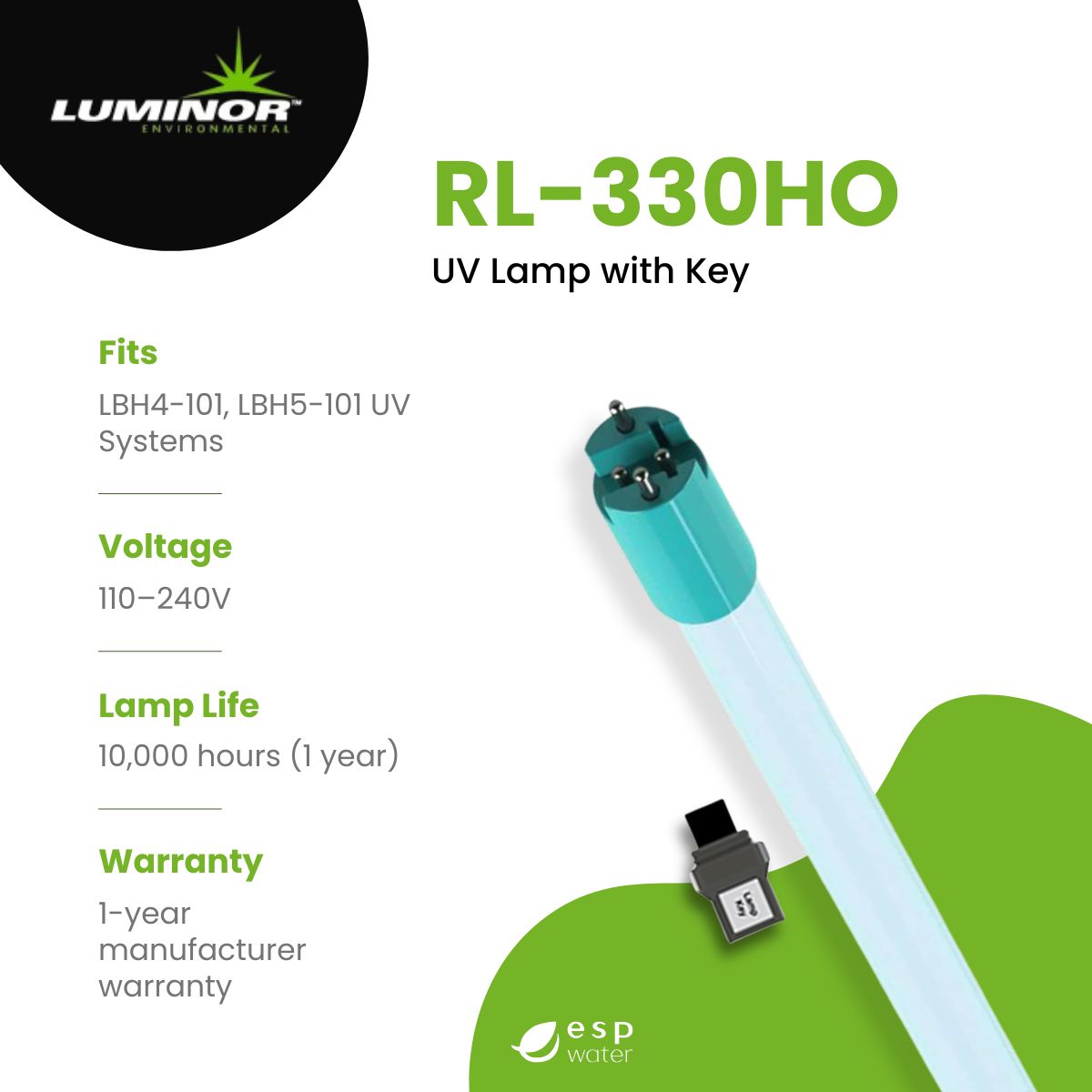Luminor RL-330HO UV lamp with key adapter, shown on a white background with green and black text detailing specifications, including fit, voltage, lamp life, and warranty.
