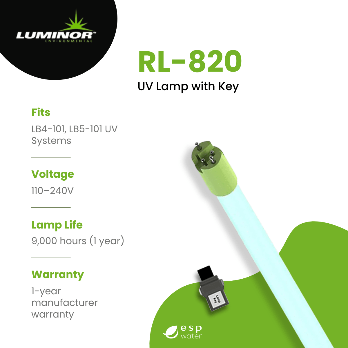 Luminor RL - 820 UV Replacement Lamp for LB4 - 101, LB5 - 101 RL-820 - ESP Water