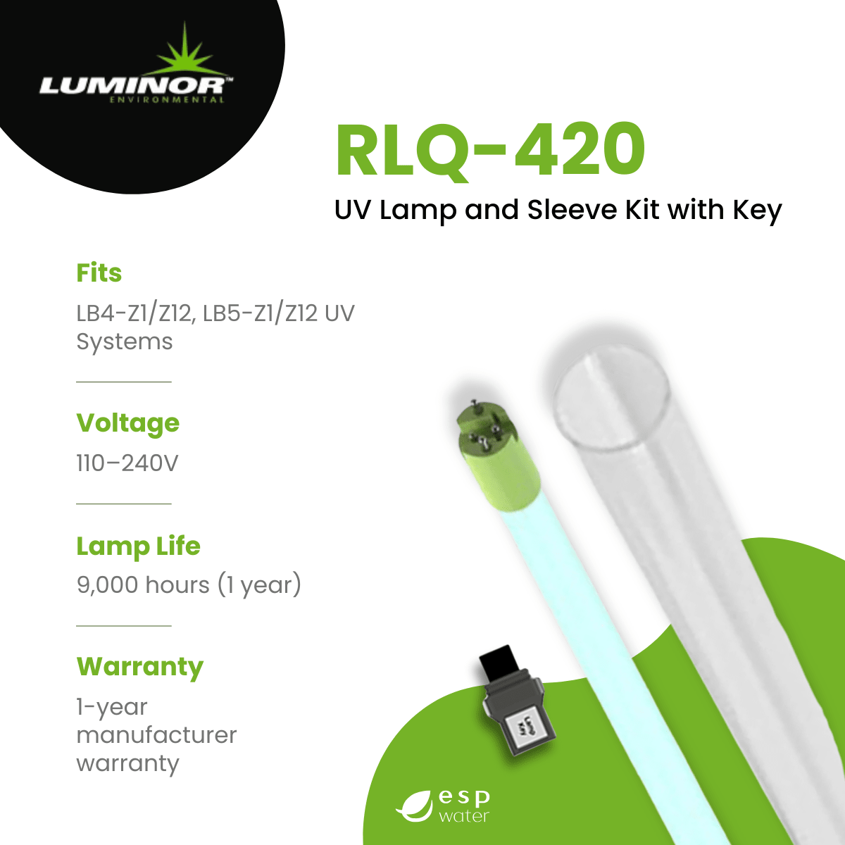 Luminor RLQ - 420 UV Lamp and Sleeve Kit for LB4 - Z1/Z12, LB5 - Z1/Z12 RLQ-420 - ESP Water