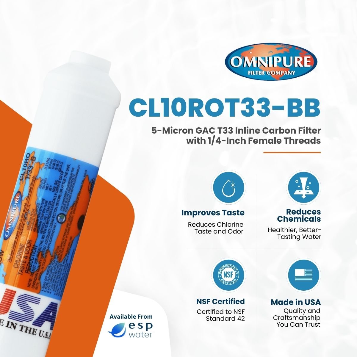 Omnipure CL10ROT33 Inline Carbon Filter GAC 5 Mic 2" x 10" CL10ROT33-BB - ESP Water