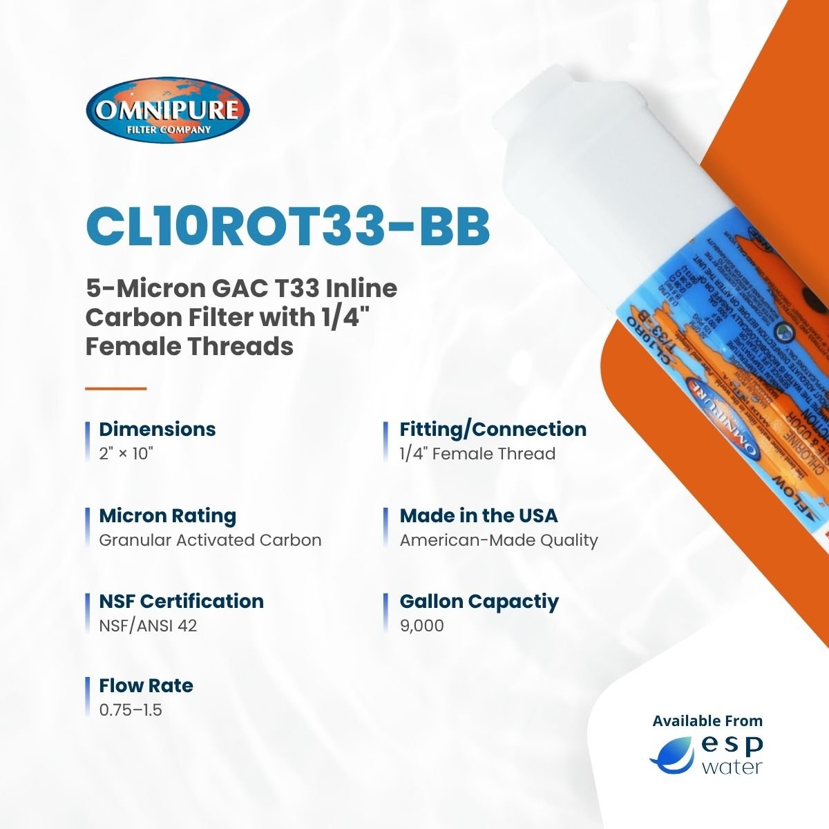Omnipure CL10ROT33 Inline Carbon Filter GAC 5 Mic 2" x 10" CL10ROT33-BB - ESP Water