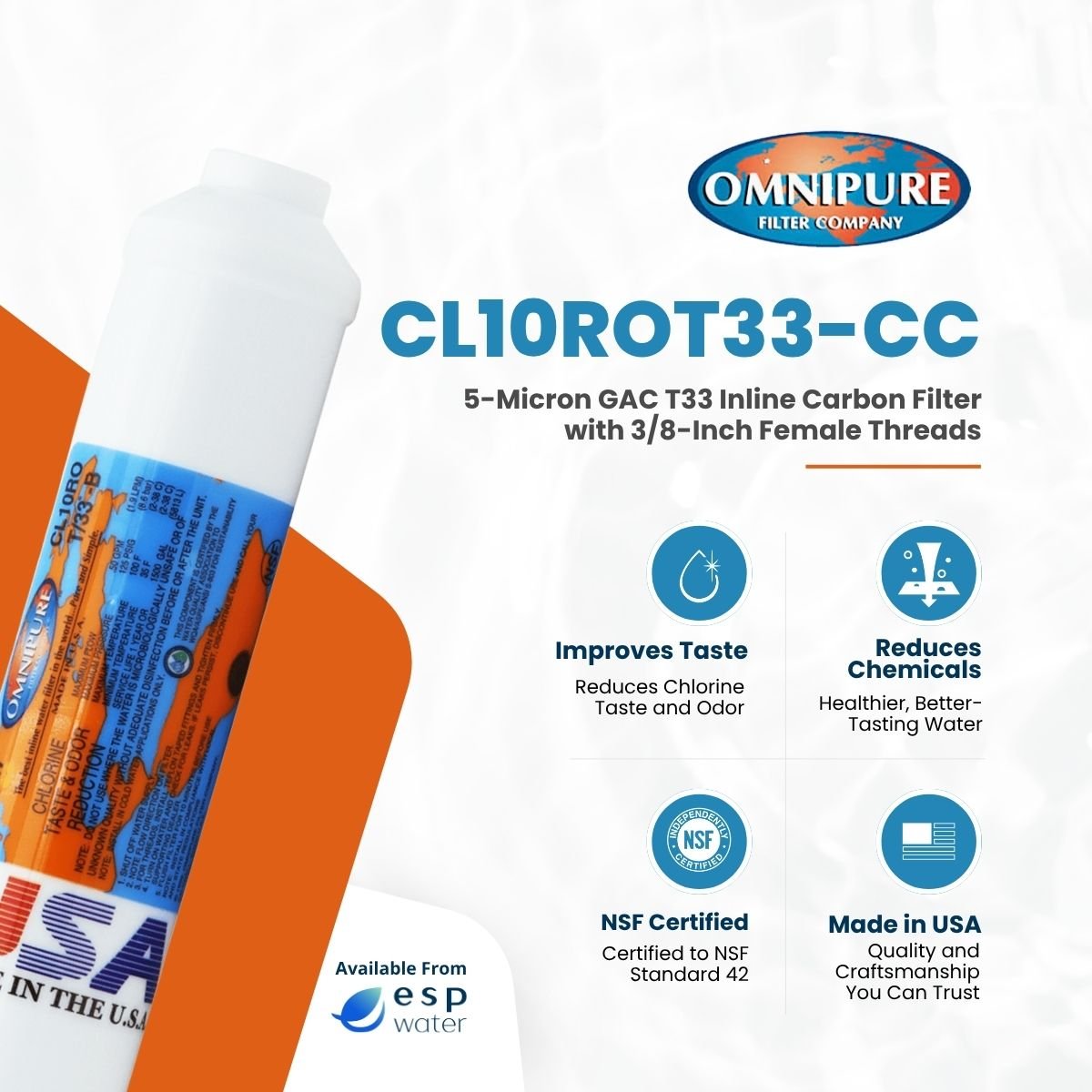 Omnipure CL10ROT33 Inline Carbon Filter GAC 5 Mic 2" x 10" CL10ROT33-BB - ESP Water