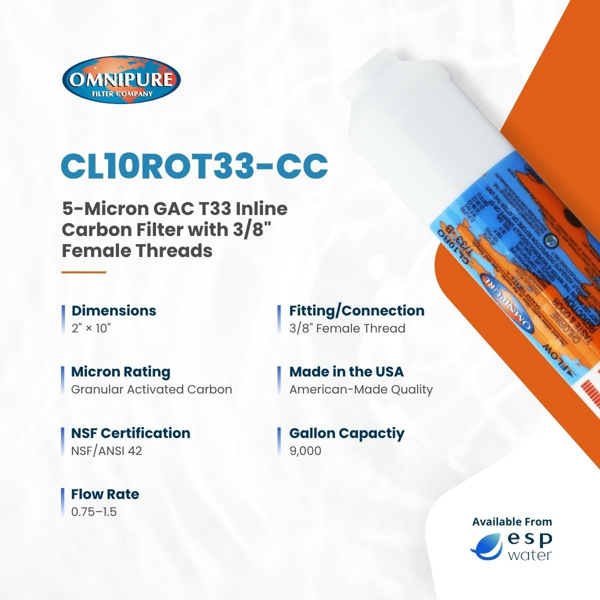 Omnipure CL10ROT33 Inline Carbon Filter GAC 5 Mic 2" x 10" CL10ROT33-BB - ESP Water