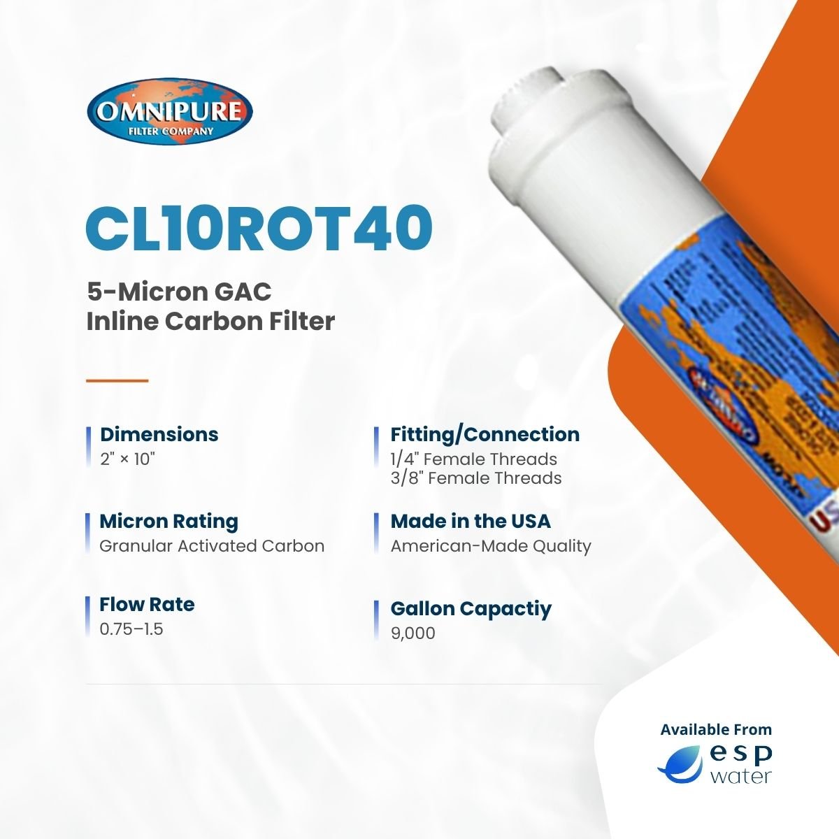 Omnipure CL10ROT40 Inline Carbon Filter GAC 5 Mic 2" x 10" CL10ROT40-BB - ESP Water