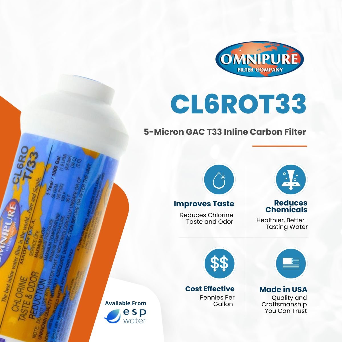 Omnipure CL6ROT33 Inline Carbon Filter GAC 5 Mic 2" x 6" CL6ROT33-BB - ESP Water