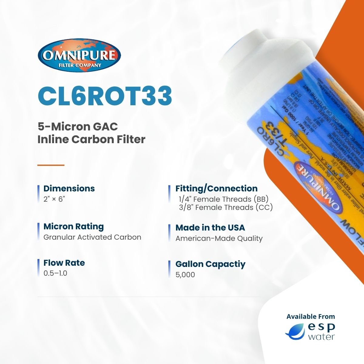 Omnipure CL6ROT33 Inline Carbon Filter GAC 5 Mic 2" x 6" CL6ROT33-BB - ESP Water