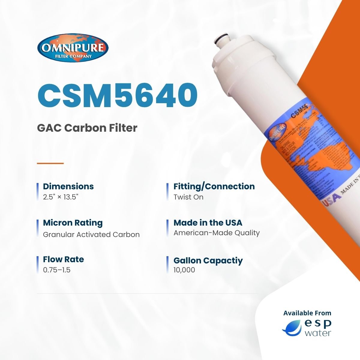 Omnipure CSM5640 Carbon Filter GAC - Water Factory 3M Compatible CSM5640 - ESP Water