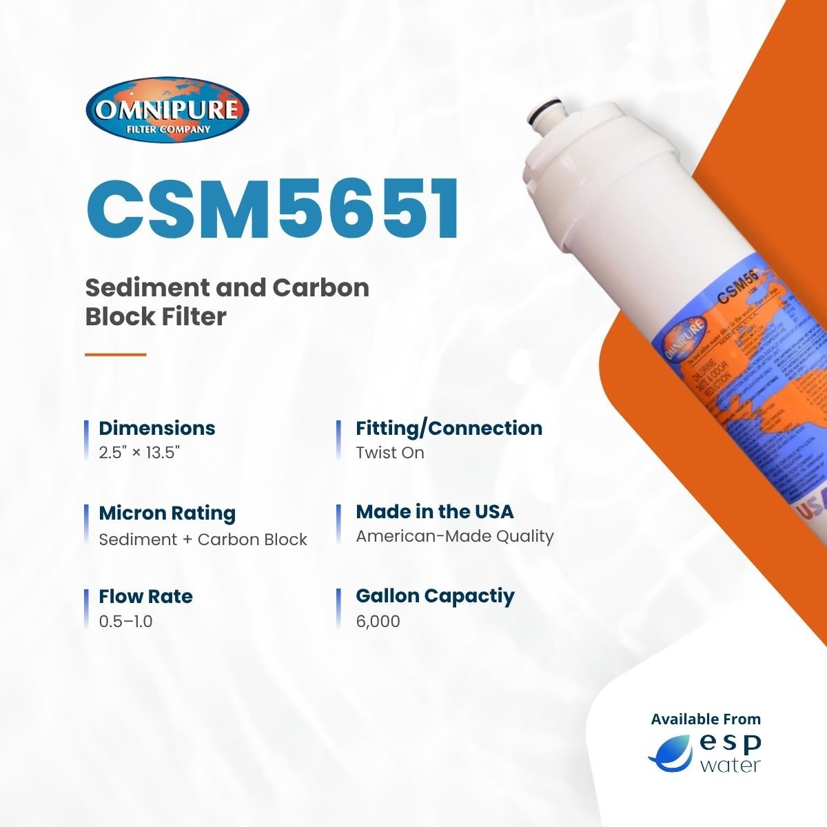 Omnipure CSM5651 Sediment/Carbon Filter - Water Factory 3M Compatible CSM5651 - ESP Water