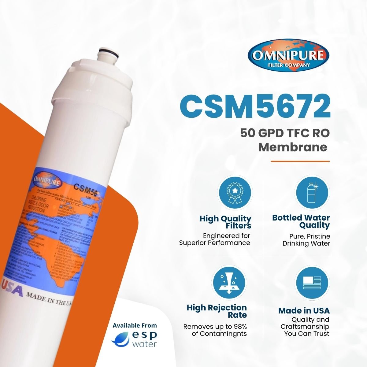 Omnipure CSM5672 RO Membrane 50 GPD - Water Factory 3M Compatible CSM5672 - ESP Water