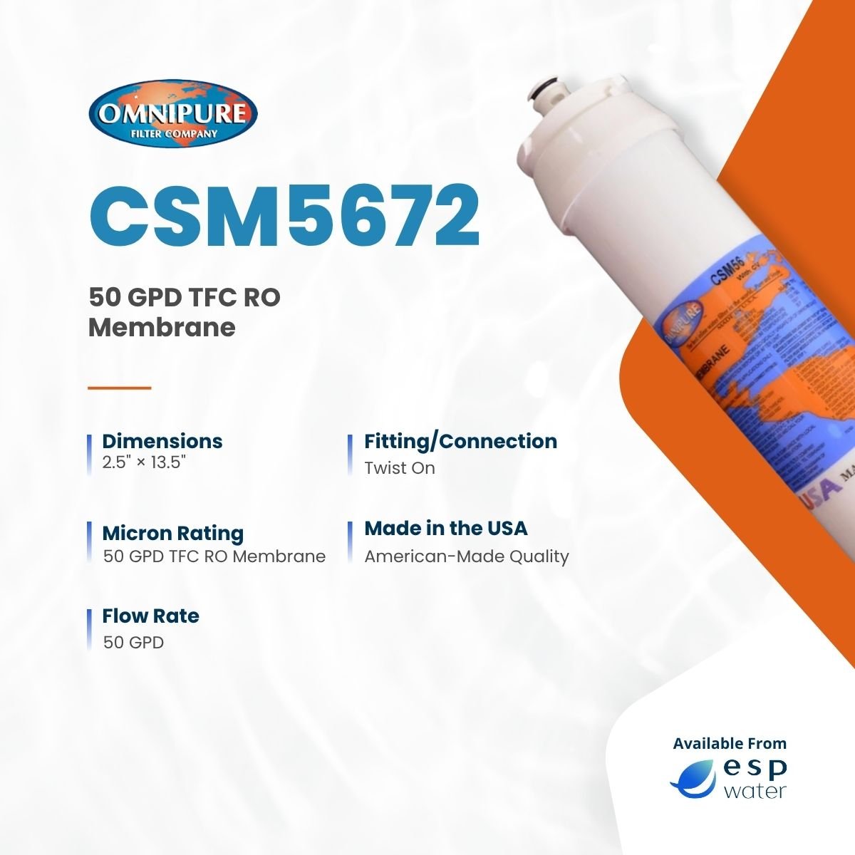 Omnipure CSM5672 RO Membrane 50 GPD - Water Factory 3M Compatible CSM5672 - ESP Water