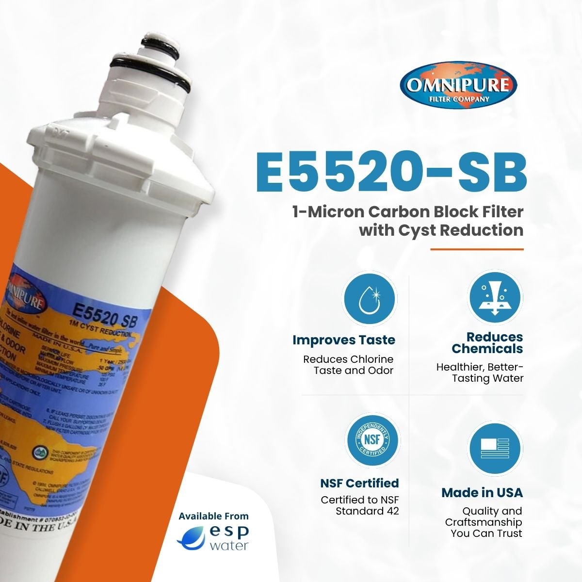 Omnipure E5520 - SB Carbon Block Filter 1 Micron 2.5" x 10" E5520-SB - ESP Water