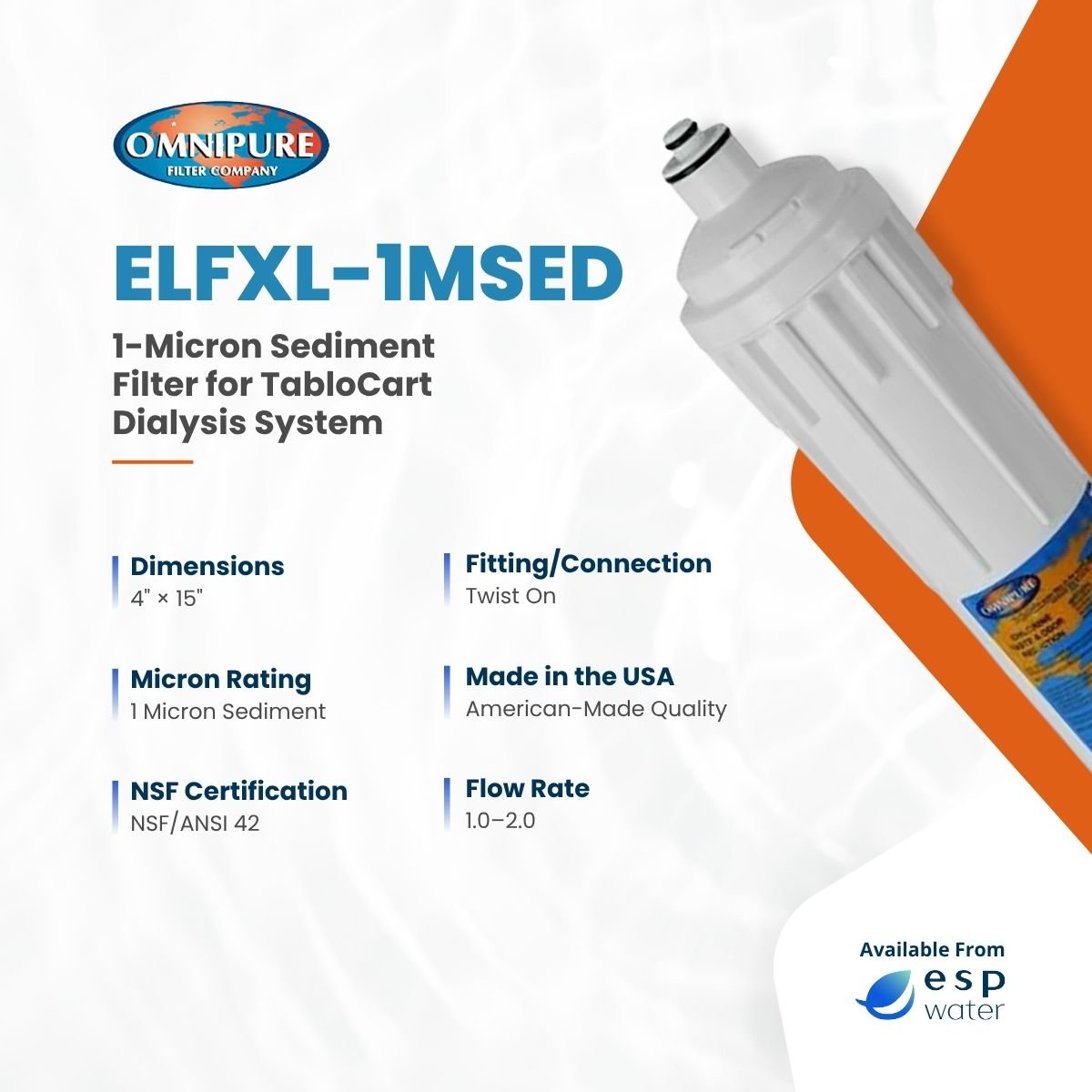 Omnipure ELF XL 1 Mic Sediment Filter for TabloCart Dialysis Accessory ELFXL-1MSED - ESP Water