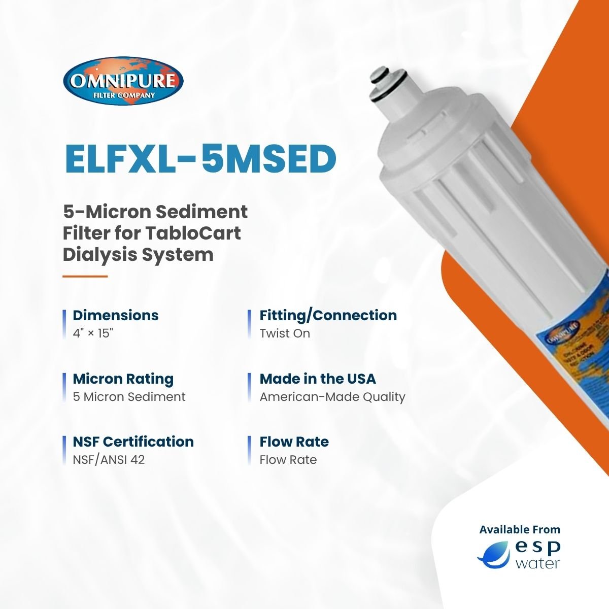 Omnipure ELF XL 5 Mic Sediment Filter for TabloCart Dialysis System ELFXL-5MSED - ESP Water