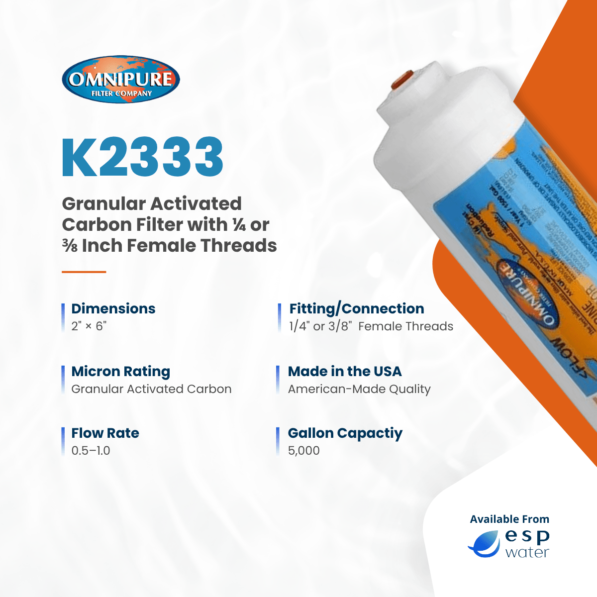 Omnipure K2333 Inline Carbon Filter GAC T33 2" x 6" K2333-BB - ESP Water