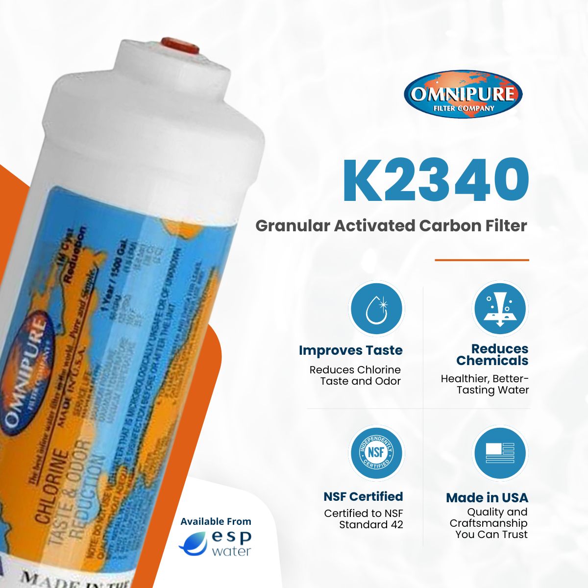 Omnipure K2340 Inline Carbon Filter GAC T40 2" x 6" K2340-BB - ESP Water