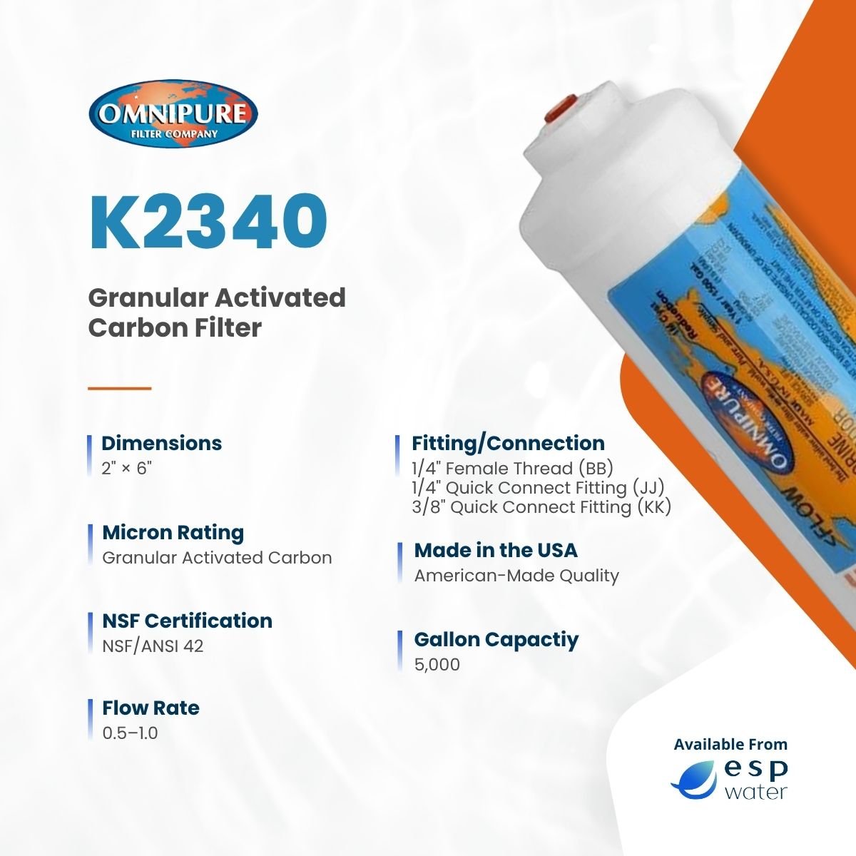 Omnipure K2340 Inline Carbon Filter GAC T40 2" x 6" K2340-BB - ESP Water