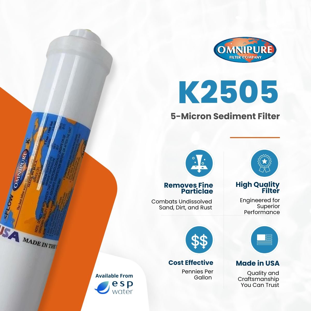 Omnipure 2" x 10" 5 Mic Inline Sediment Filter K2505 K2505-JJ - ESP Water