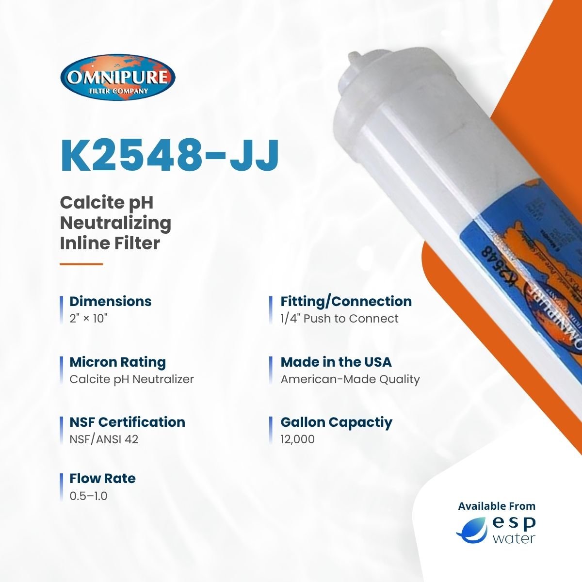 Omnipure K2548 Inline Calcite pH Neutralizing Filter 2" x 10" K2548-BB - ESP Water