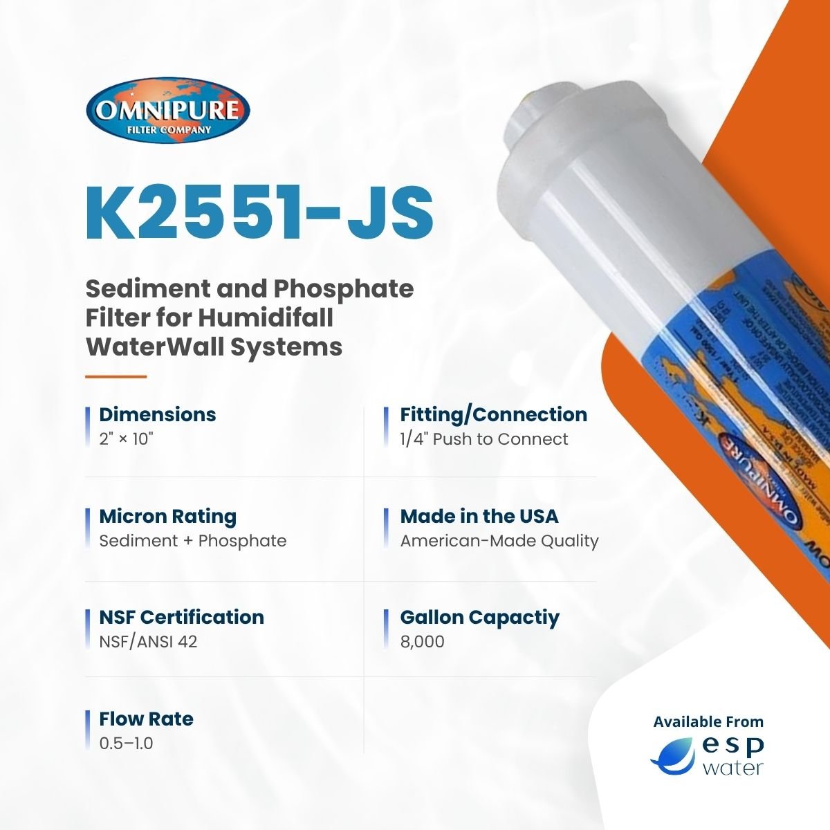 Omnipure K2551 - JS Humidifall Inline Sediment/Phosphate Filter K2551-JS - ESP Water