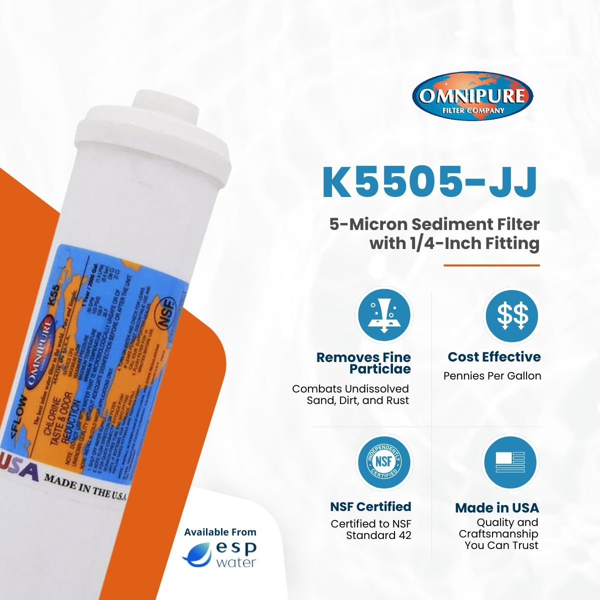Omnipure K5505 Inline Sediment Filter 5 Micron 2.5" x 10" K5505-JJ - ESP Water