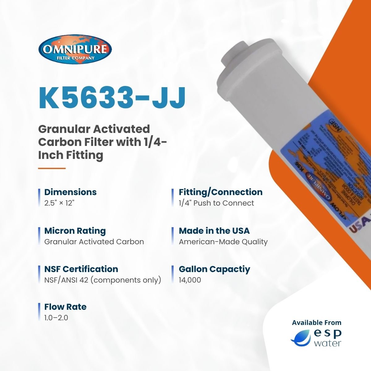 Omnipure K5633 GAC T33 Granular Carbon Inline Filter 2.5" x 12" K5633-JJ - ESP Water