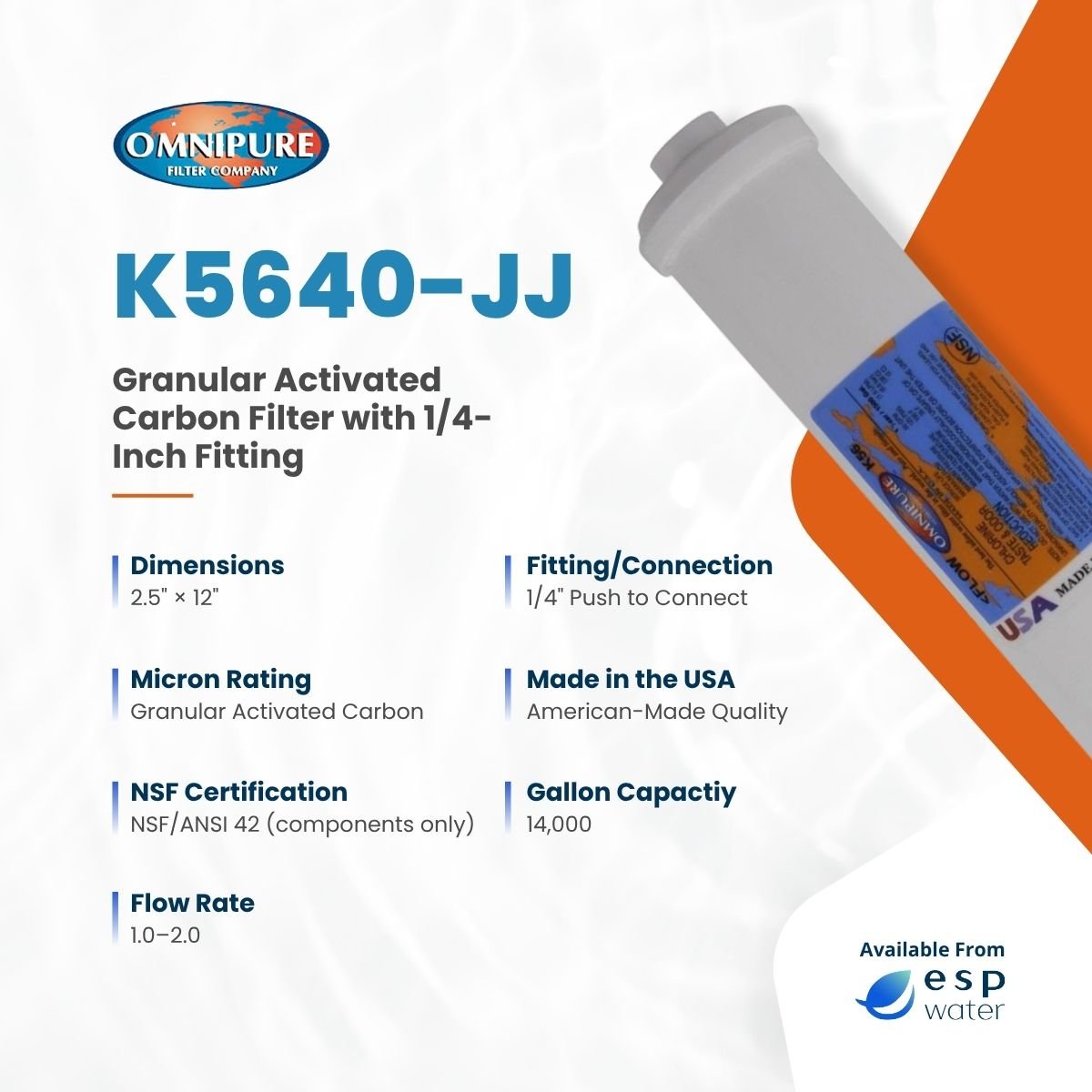 Omnipure K5640 - JJ GAC T40 Granular Carbon Inline Filter 2.5" x 12" K5640-JJ - ESP Water