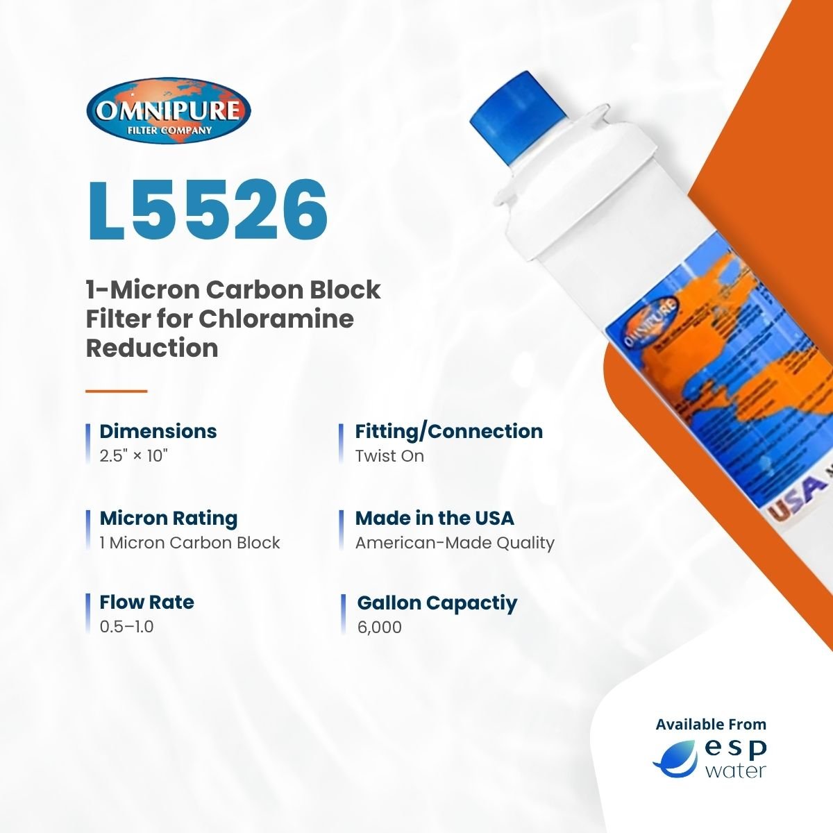 Omnipure L5526 or MC2190 Carbon Block Filter 1 Micron 2.5" x 10" L5526 - ESP Water