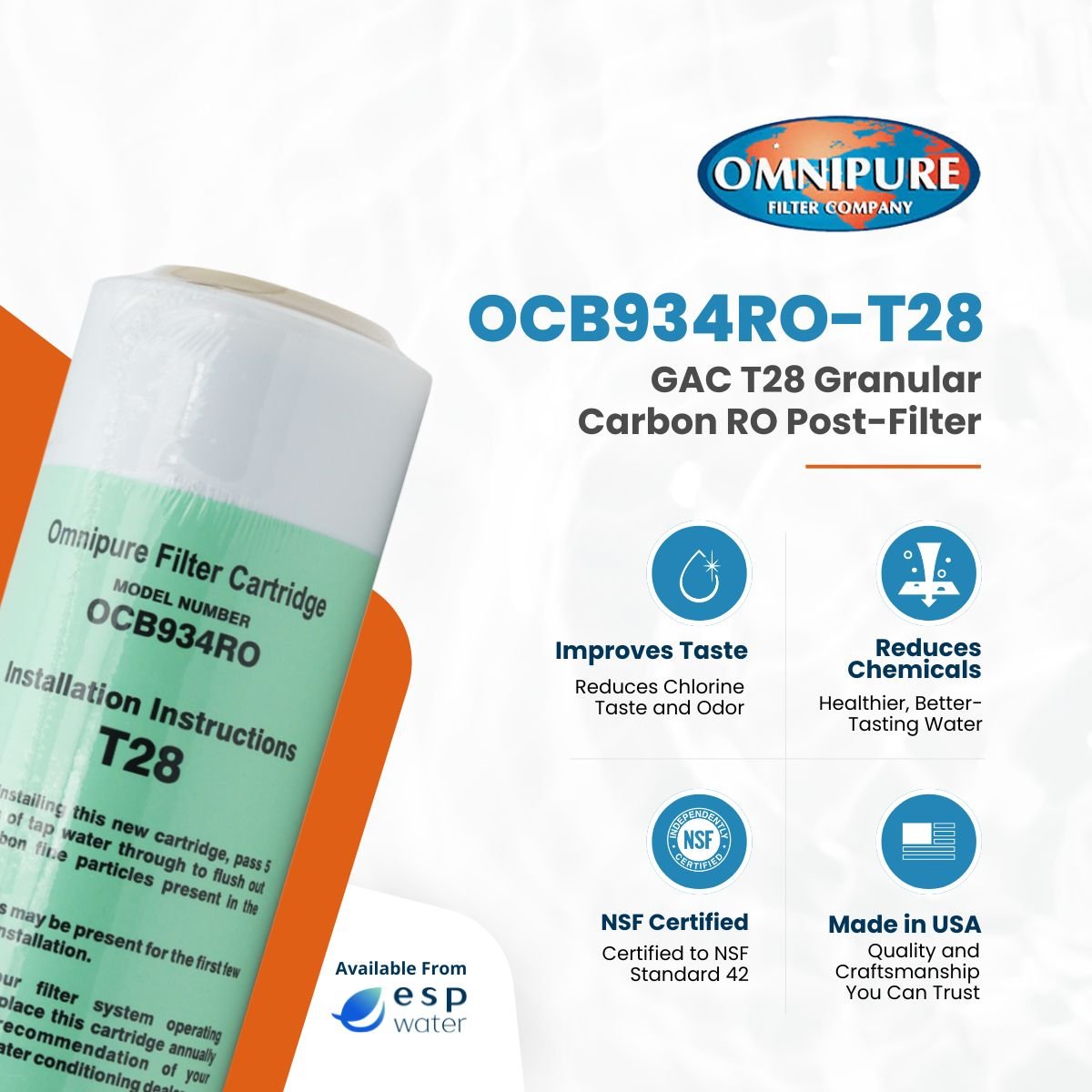 Omnipure OCB934RO T28 GAC Granular Carbon Filter 2.5" x 10" OCB934RO-T28 - ESP Water
