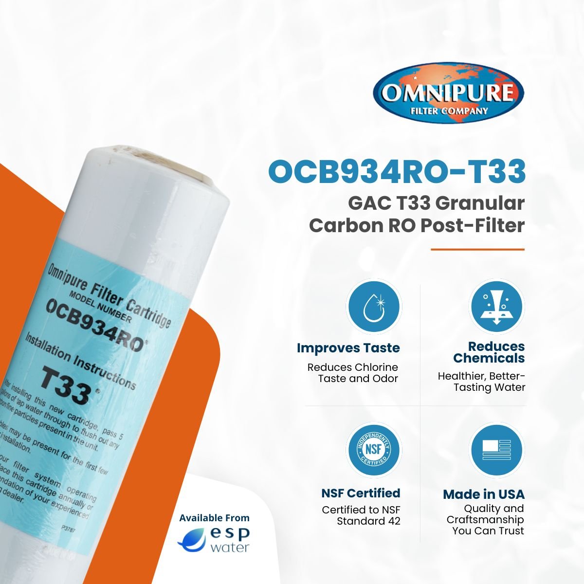 Omnipure OCB934RO T33 GAC Granular Carbon Filter 2.5" x 10" OCB934RO T33 - ESP Water