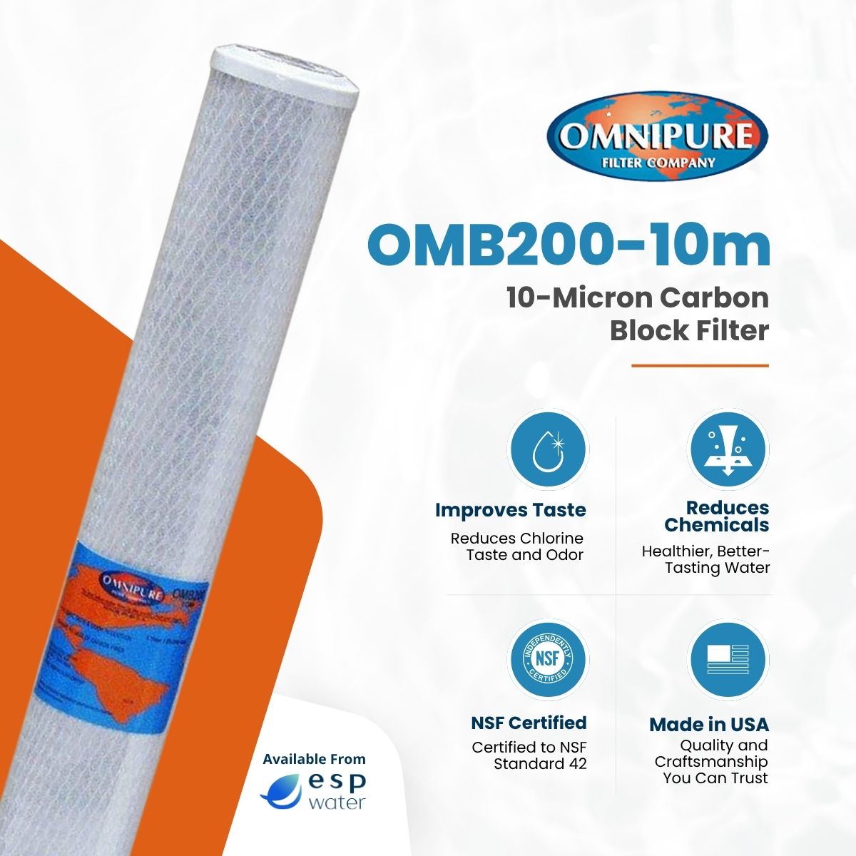 Omnipure OMB200 - 10m Carbon Block Filter 10 Micron 2.5" x20" OMB200-10m - ESP Water