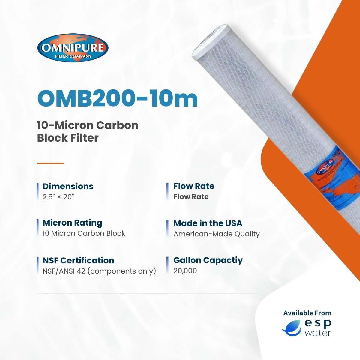 Omnipure OMB200 - 10m Carbon Block Filter 10 Micron 2.5" x20" OMB200-10m - ESP Water