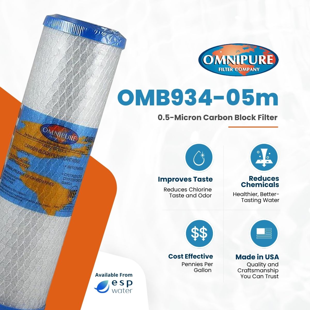 Omnipure OMB934 - 05m Carbon Block Filter 0.5 Micron 2.5" x 10" OMB934-05m - ESP Water
