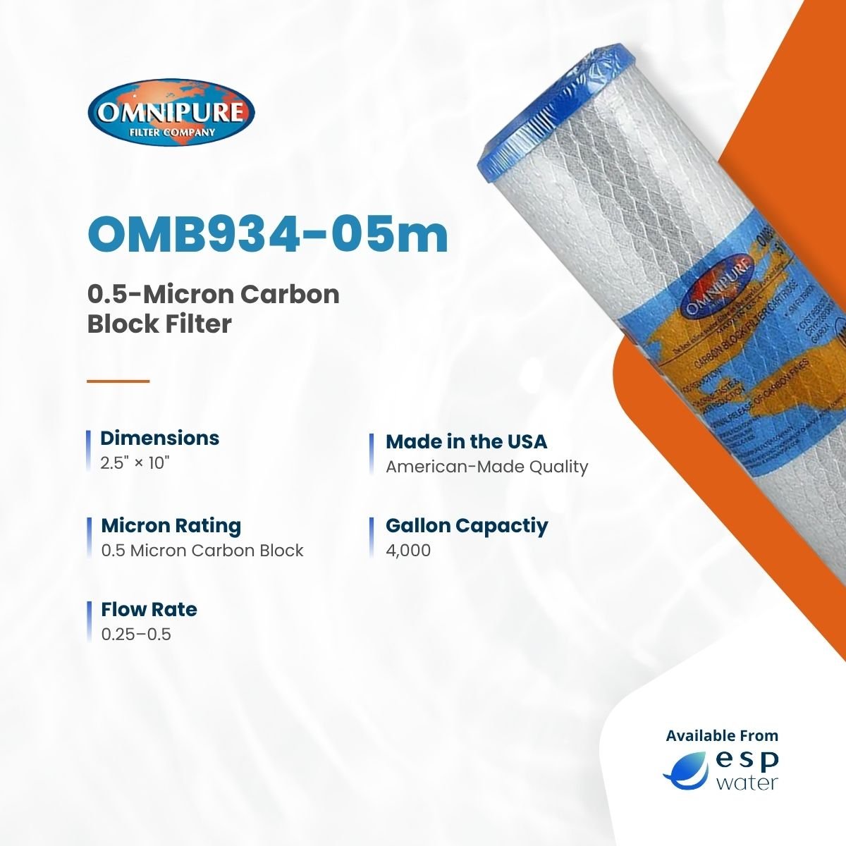 Omnipure OMB934 - 05m Carbon Block Filter 0.5 Micron 2.5" x 10" OMB934-05m - ESP Water
