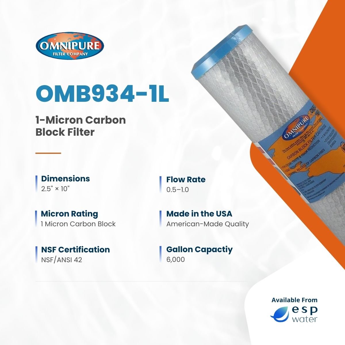 Omnipure OMB934 - 1L Carbon Block Filter with Lead Reduction 1 Mic 2.5" x 10" OMB934-1mL - ESP Water