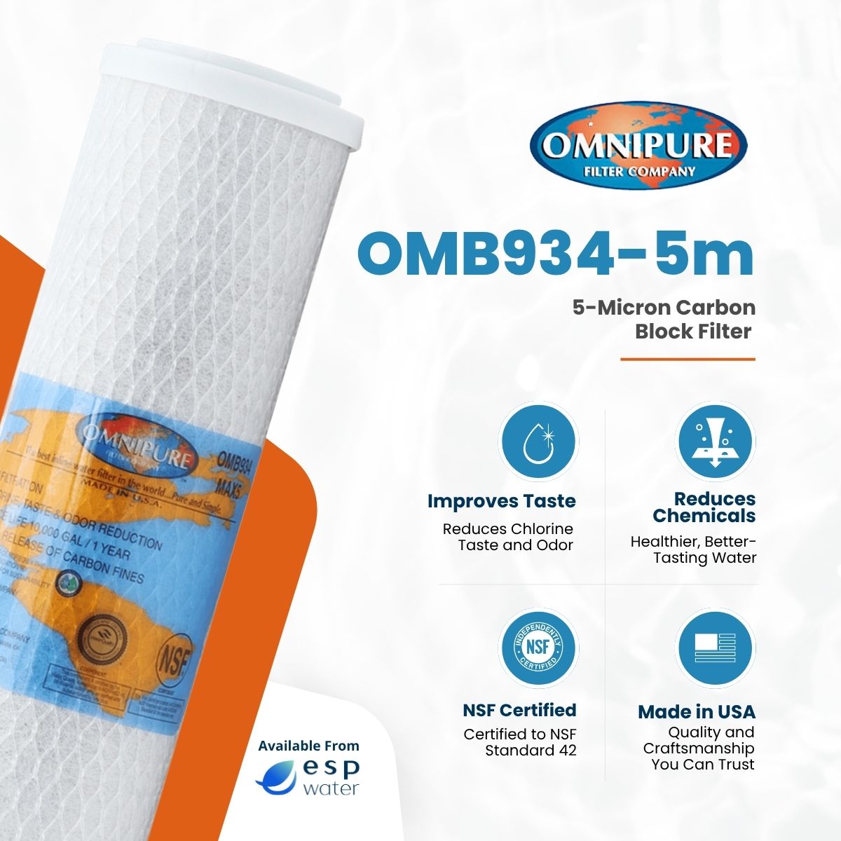 Omnipure OMB934 - 5m Carbon Block Filter 5 Micron 2.5" x 10" OMB934-5m - ESP Water
