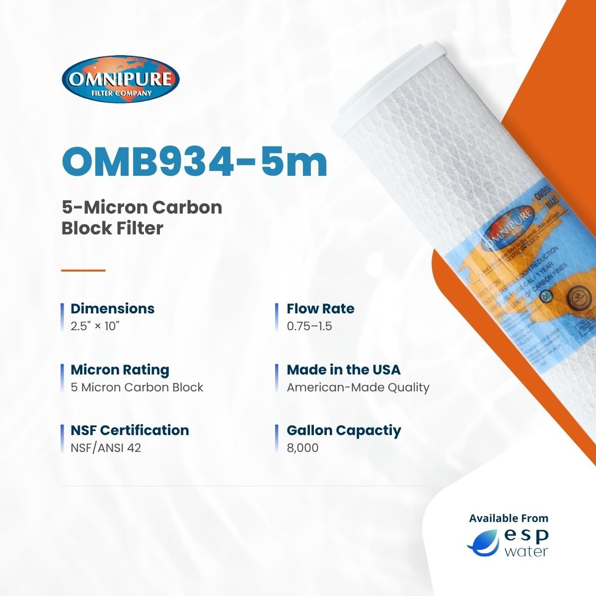 Omnipure OMB934 - 5m Carbon Block Filter 5 Micron 2.5" x 10" OMB934-5m - ESP Water